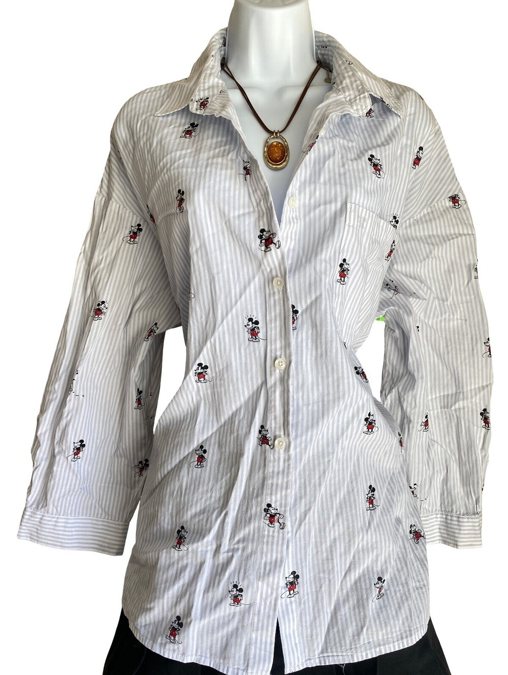 Disney Plus XL White Striped Mickey Mouse Button Up Tunic Blouse Kidcore Boho